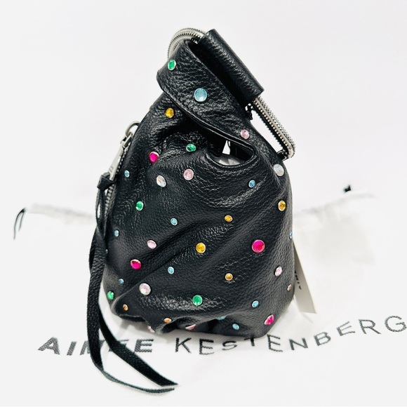 NWT Aimee Kestenberg All My Heart Black Leather Rainbow Rhinestone Heart Bag - Picture 4 of 8